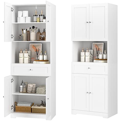 Tall Bathroom Storage Cabinets with Drawer, Modern Linen Cabinet with Doors & Shelves, 67"H Tall Storage Cabinet Freestanding for Bathroom, Dining Room, Kitchen & Pantry, Laundry, Narrow Corner, White - color: White