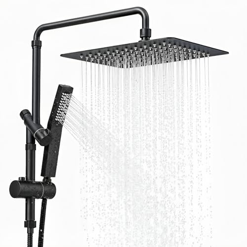 10 Inch Metal Rain Shower Heads with Handheld Spray Combo, Dual Shower Head with Adjustable Slide Bar and Stainless Steel Hose, Height Adjustable, Matte Black - color: Matte Black