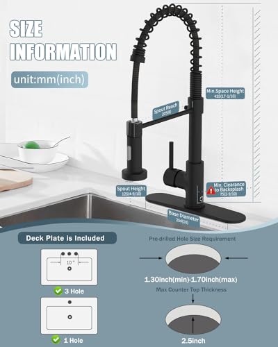Kitchen Faucet Set, Black Kitchen Sink Faucets with Pull Down Sprayer and Soap Dispenser, Single Handle Stainless Steel Faucets for Kitchen Sinks, Farmhouse RV Faucet with Deck Plate - color: A-Matte Black, style: Contemporary