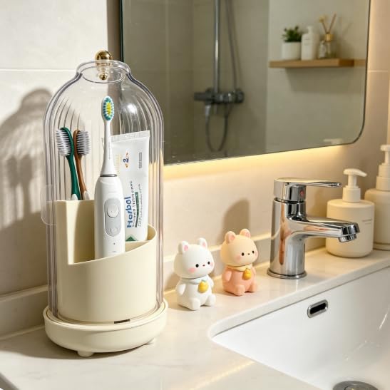 Dustproof Toothbrush Holders with Cover, Rotating Drainage Electric Toothbrush Organizer for Bathroom, 3 Slots Makeup Brush Holder with Sliding Lid for Vanity (Cream White) - color: Cream White