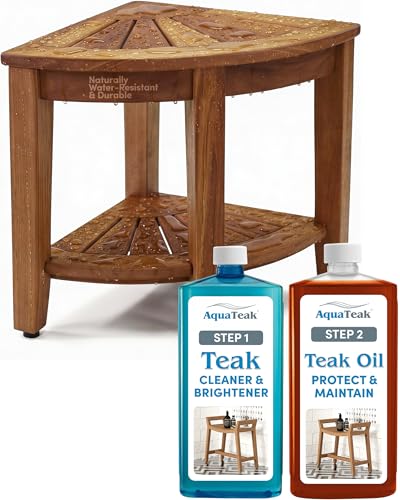 AquaTeak Kai Corner 15.5" Teak Shower Bench | Durable, Water-Resistant Teak, Shower Chair & Shaving Foot Rest, Indoor/Outdoor Use - size: Original - Care Kit, style: Corner Stool With Shelf