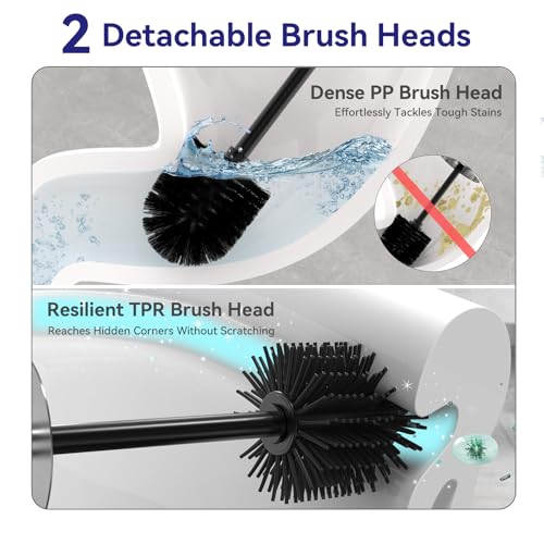 DOWRY Toilet Bowl Brush and Holder for Bathroom Silver | 304 Stainless Steel Deep Cleaning Toilet Brush and Holder Set with Long Handle Hidden with 2 Heads