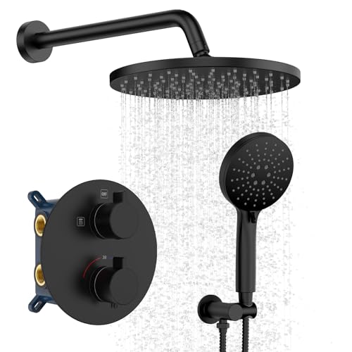 Iriber Thermostatic Shower System Wall Mount with 10 Inch Roud Rainfall Shower Head and Handheld,Shower Faucet Mixer Trim Kit (Valve Included),Matte Black - color: Matte Black 03