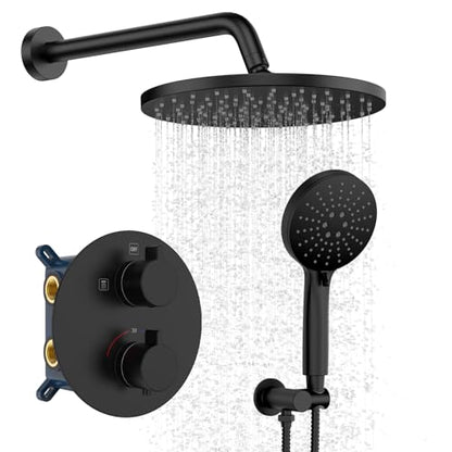 Iriber Thermostatic Shower System Wall Mount with 10 Inch Roud Rainfall Shower Head and Handheld,Shower Faucet Mixer Trim Kit (Valve Included),Matte Black - color: Matte Black 03