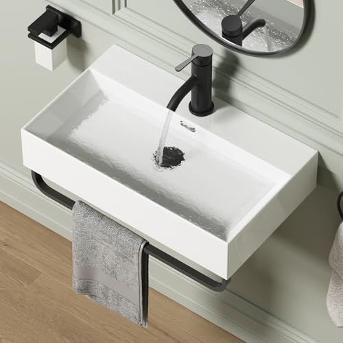 Wall Mount Rectangular Vessel Sink with Towel Rack, QISHKA 24"x14" Modern Ceramic Bathroom Floating Sink, White Rectangle Vanity Sink with Overflow, Wall Hung Wash Hand Basin - size: 24" x 14.2" x 5.1"