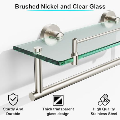 Floating Tempered Glass Bathroom Shelf with Towel Bar - Brushed Nickel & Stainless Steel, Wall Mount 16 Inch - color: Brushed Nickel, size: 16-inch with Railing