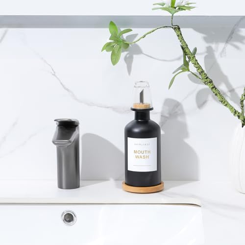 11.8OZ Glass Mouthwash Dispenser for Bathroom, Black | Stainless Steel & Bamboo Nozzle, Mouthwash Cup Reusable, Bamboo Tray, Elegant Gold Sticker - color: Black/350*1