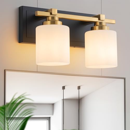 Modern Bathroom Light Fixtures Over Mirror, Vanity Lights for Bathroom Wall Sconces with Milky White Glass Shades, E26 Socket (Bulbs Not Included), 2 Light, Black Gold - color: Black Gold - Milky White Glass Shades, size: 2-Lights