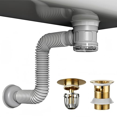 Bathroom Sink Drain Kit with Flexible Expandable Pipe: Odor-Free & Backflow-Preventing, Space-Saving Design without a P-trap, For 1-1/4'' & 1-1/2'' Drain Hole (Gold, With Overflow) - color: Gold, size: With Overflow