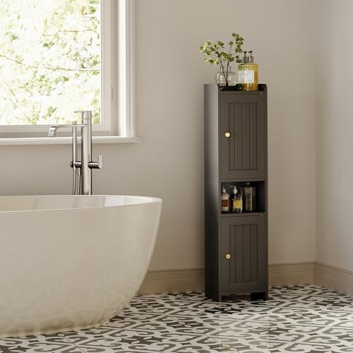 Bathroom Cabinet with 2 Doors, 7.3 x 9.8 x 40.4 Inches, Small Freestanding Storage Cabinet with Adjustable Shelf, Floor Cabinet for Small Spaces, Bathroom, Entrances, Kitchen, Black
