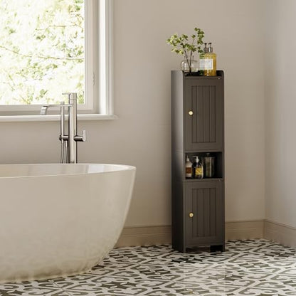 Bathroom Cabinet with 2 Doors, 7.3 x 9.8 x 40.4 Inches, Small Freestanding Storage Cabinet with Adjustable Shelf, Floor Cabinet for Small Spaces, Bathroom, Entrances, Kitchen, Black