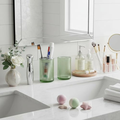 Green Toothbrush Holders for Bathrooms, 2pcs Glass Toothbrush Holder and 12oz Bathroom Tumbler Cup Set, Silver Tooth Brush and Toothpaste Organizer for Bathroom Vanity Countertop - color: Green Silver