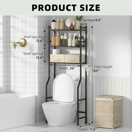 GloTika 3-Tier Over Toilet Storage, Anti-Tilt, 64" H, Black, 2 Baskets | Anti-Tilt Safety System, 150lb Capacity, Carbon Steel, Freestanding, No Drilling, Anti-Rust Coating, Paper Holder & 4 Hooks - color: Black-with 2 Basket, size: 3-Tier