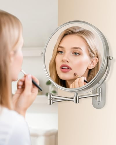 DECLUTTR 9 Inch Wall Mounted Makeup Mirror, 15X Magnification Double Sided Swivel Extendable Bathroom Mirror - color: Brushed Nickel
