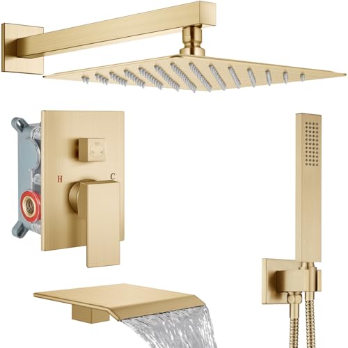 Midanya Shower System with Tub Spout,Bathtub Shower Faucet Set with Square Rainfall Head and Handheld Sprayer Wall Mount Tub Faucet Set with Valve and Trim Kit,12 Inch Brushed Gold - color: Brushed Gold, size: 12 Inch
