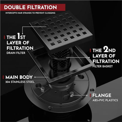 4 Inch Square Shower Floor Drain with Flange,Quadrato Pattern Grate Removable,Food-Grade SUS 304 Stainless Steel,Watermark&CUPC Certified,Matte Black - color: Matte Black, size: 4 Inch