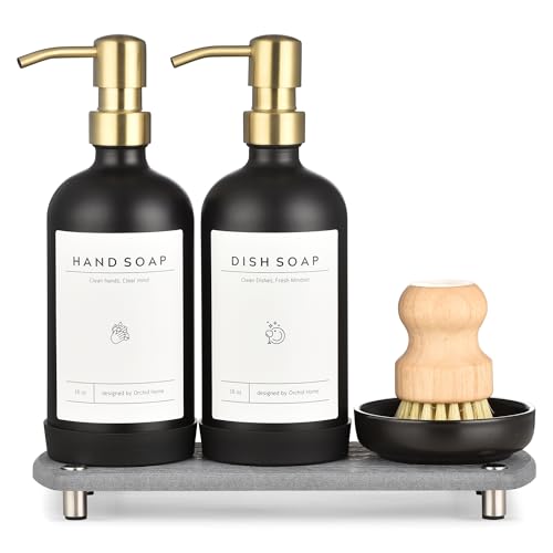[Luxury] Kitchen Soap Dispenser Set - 16OZ Black Glass Bottle, Stainless Steel Pump, Instant Dry Tray, Waterproof Labels, Non-Slip Silicone Pad, and Dish Brush | Upgrade for Your Kitchen and Bathroom - color: Black Bottle + Gold Pump