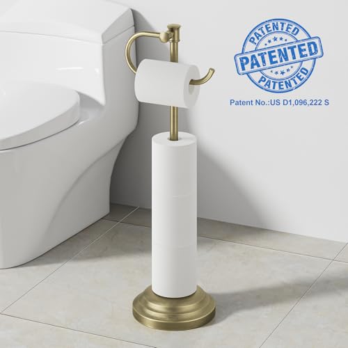 RUMOSE Toilet Paper Holder Stand for Floor Free Standing, Antique Brass | Bathroom Freestanding Toilet Tissue Roll Holder with Storage, Adjustable 17-25 Inch, Rustproof, SUS304 Stainless Steel - color: Antique Brass