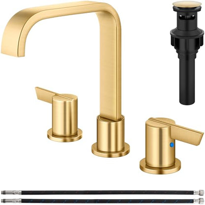 Brushed Gold Bathroom Faucet 3 Hole 8 Inch Widespread Waterfall | 2-Handle Vanity Faucet, Pop-Up Drain, Supply Lines, Adjustable 4- to 16-Inch Widespread Fit, 360° Swivel Spout - color: Brushed Gold