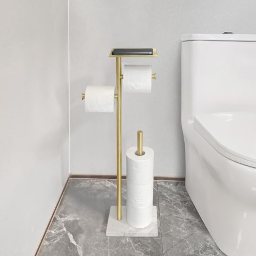 GZILA Brushed Gold Toilet Paper Stand Holder with Shelf, Marble Design Base Free Standing Toilet Paper Roll Holder with 2 Dispenser SUS 304 Stainless Steel Reserve, Storage 5 Rolls - color: Brushed Gold - 2 Dispensers