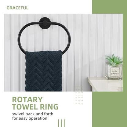 Angle Simple Bathroom Hardware Set Matte Black, Bathroom Accessories 4 Pcs | SUS304 Stainless Steel, Bath Fixture Set with Robe Hook x 2, Toilet Paper Holder and Rotary Towel Ring, Screw Mount - color: Matte Black