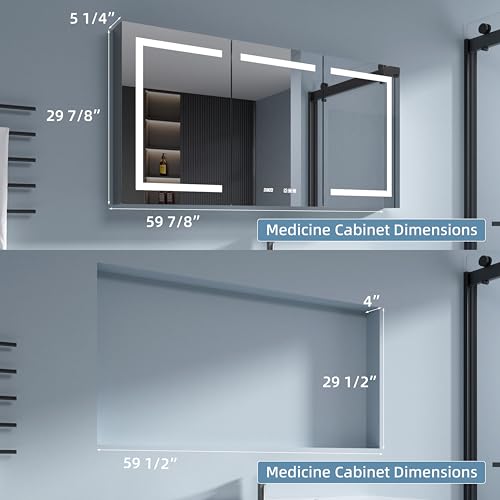 Medicine Cabinet with Lights 60x30 Anti-Fog Mirror Dimmable | 3 Color Dimmable LED. Time/Temp Display. Anti-Fog IP44. 2 Outlets+2 USB. Plug-in/Hardwired. Recessed/Wall Mount. - size: 60x30", style: Style-A