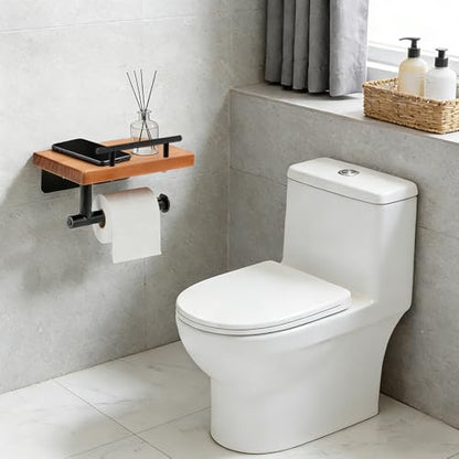 Toilet Paper Holder with Wood Shelf, Wall Mount Toilet Paper Roll Holder with Wooden Shelf and Matte Black Stainless Steel Pipe, Tissue Roll Holder for Bathroom Washroom (Light Brown, 7.9'' x 5.9'') - color: Light Brown, size: 7.9'' x 5.9''
