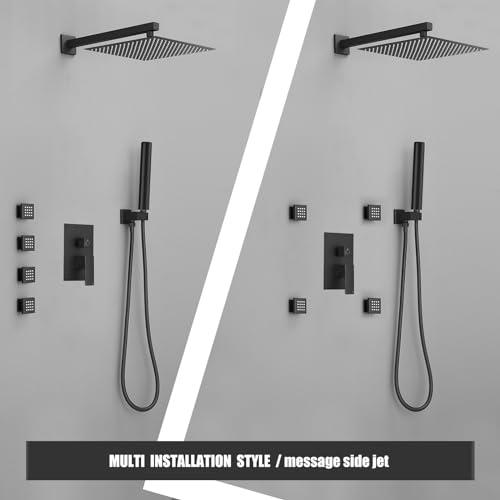 Hoimpro 12 Inch Rainfall Shower Faucet with 4 Full Body Shower Jet Fixtures Combo, Shower System Set with Rain Mixer Shower Head and Brass 2 in 1 Spray Handheld Showerhead, Wall Mounted, Matte Black - color: Black