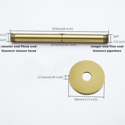 RANDOM Shower Arm with Flange,Gold 8 Inches Ceiling Mount Shower Head Extension Arm Straight Arm Ceiling-Mounted For Fixed Shower Head,Brushed Gold.RD-91038-8BG - color: 8″ Brushed Gold(Round Flange)