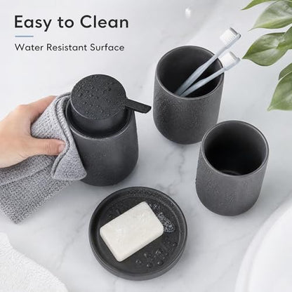 Ceramic Bathroom Accessories Set, foaming soap Dispenser,Bathroom soap and Toothbrush Holder Set,4 Piece with Soap Dispenser, Soap Dish, Toothbrush Holder and Cup, Grey