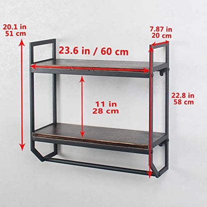 2-Tier Metal Industrial 23.6" Bathroom Shelves Wall Mounted,Rustic Wall Shelf Over Toilet,Towel Rack with Towel Bar,Utility Storage Shelf Rack, Floating Shelves Towel Holder,Retro Black - color: A