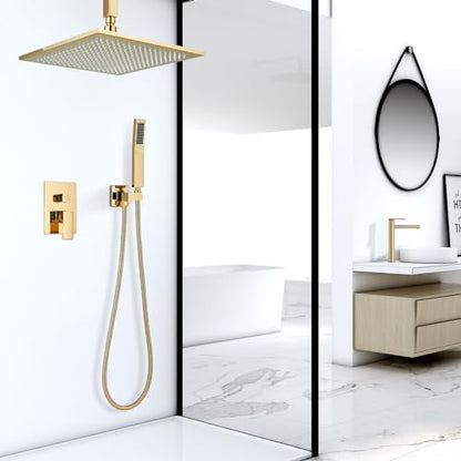 Polished Gold Shower System 12 Inch LED Square Rainfall Shower Head Ceiling Mount Shower Faucet Set with Hand Sprayer Rough-in Valve Trim Kit Bathroom Mixer Shower Combo Set - color: Gold, style: 12"-led