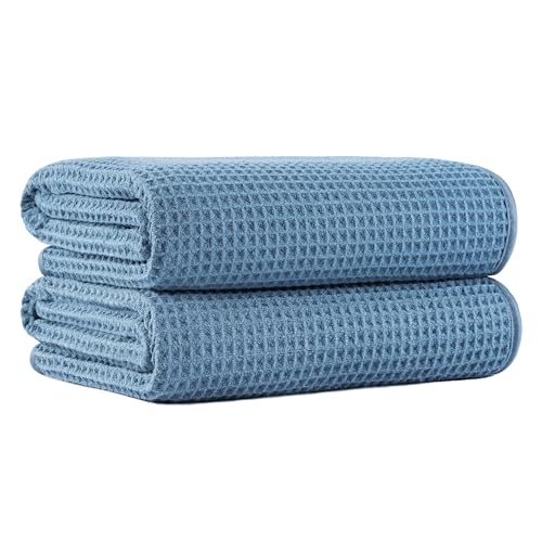 MICROFI New Microfiber Waffle Bath Towels, 2 Pieces, Oversized, Soft, Absorbent, Fast Drying, Lint Free 430 GSM (30''x60''/76cm x 152cm) - color: Blue