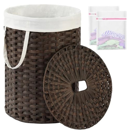 SETVSON Laundry Hamper with Lid 23.8 Gal (90 L) PE Rattan, Brown | Family Clothes & Blanket Trunk with Lid, Removable Liner Bag with Handles, 2 Mesh Wash Bags, Collapsible Steel Frame - color: Brown, size: 90 L