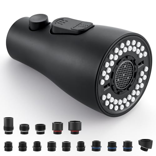 Kitchen Faucet Spray Head Replacement, Pull Down Sprayer with 15 Adapters | Pull Out Faucet Spray Nozzle, 3 Modes Stream/Spray/Strong Spray, DOE CEC Certified, Simple Installation, Matte Black - color: Matte Black