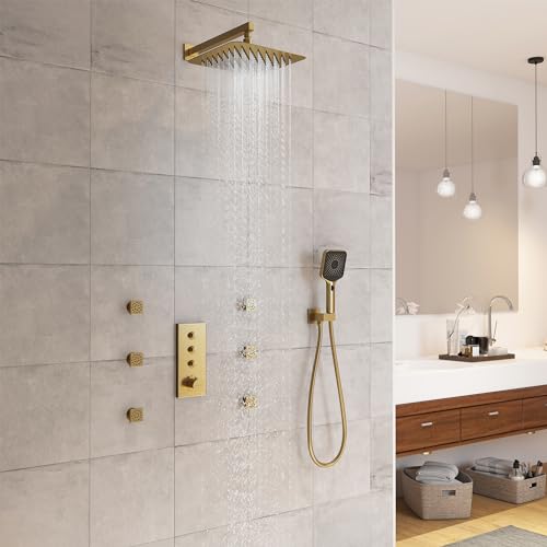 CASAINC 12 Inch Rain Shower Head with Handheld, Brushed Gold Thermostatic Shower System, Wall Mount Rainfall Shower System with Body Jets, 3-Functions Shower System with Thermostatic Valve - color: Brushed Gold, style: Style A