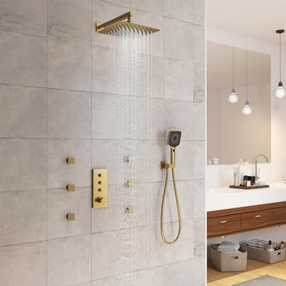 CASAINC 12 Inch Rain Shower Head with Handheld, Brushed Gold Thermostatic Shower System, Wall Mount Rainfall Shower System with Body Jets, 3-Functions Shower System with Thermostatic Valve - color: Brushed Gold, style: Style A