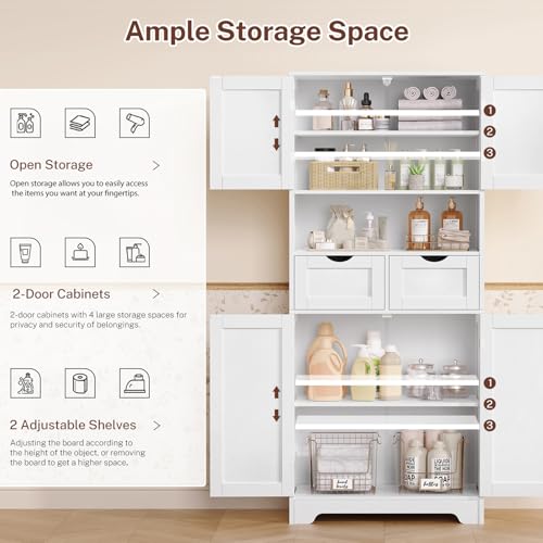 57.8" H Tall Bathroom Storage Cabinet with 4 Doors & 2 Adjustable Shelves, Freestanding Bathroom Cabinet with 2 Drawers, Kitchen Cabinets & Pantry, Cupboard for Kitchen, Dining Room, White - color: White 2 Drawers