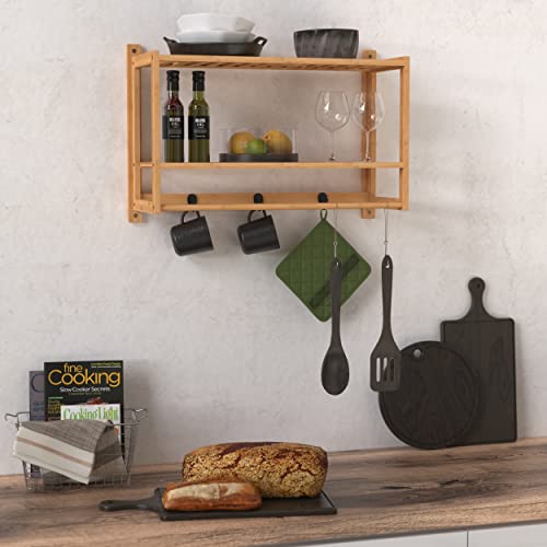 ClosetMaid Bamboo Wall Shelf with Towel Bar, 3 Hooks, Wall Mount Storage Shelves, 2 Tier, Organizer Rack, Natural Finish - style: 2-Tier