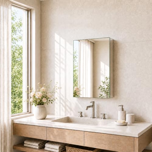 14 x 18 Aluminum Medicine Cabinet Mirror, Moisture & Rust Resistant Bathroom Wall Cabinet with Mirror, Recessed or Surface Mount with Adjustable Shelves, Tempered Glass & Soft Close Hinges - size: 18"L x 14"W