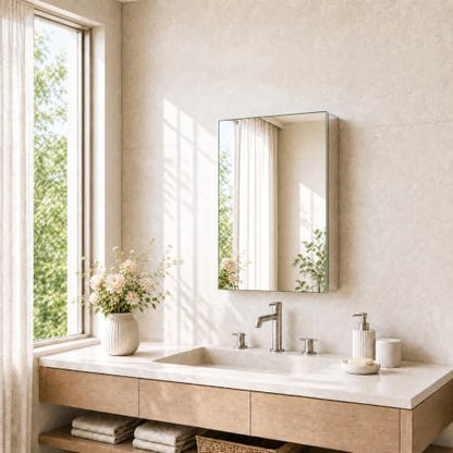 14 x 18 Aluminum Medicine Cabinet Mirror, Moisture & Rust Resistant Bathroom Wall Cabinet with Mirror, Recessed or Surface Mount with Adjustable Shelves, Tempered Glass & Soft Close Hinges - size: 18"L x 14"W