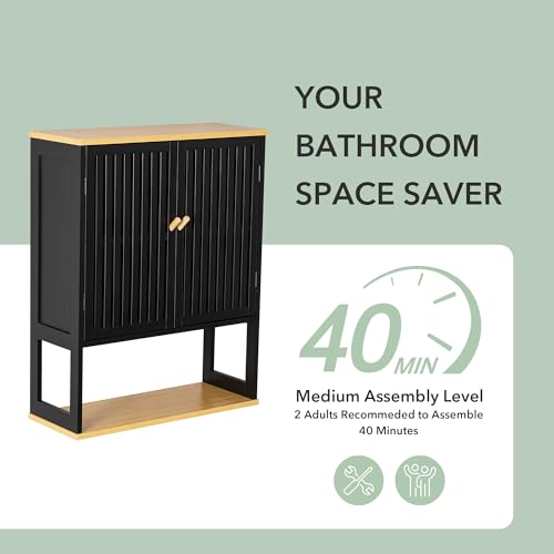 Bathroom Wall Cabinet with Bamboo Doors, 24 x 30 Inch, Black | Above-toilet medicine cabinet with an adjustable shelf, open bottom shelf, and French cleat mount. - color: Black-1, size: 24x30