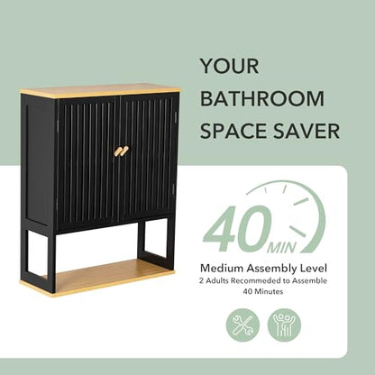 Bathroom Wall Cabinet with Bamboo Doors, 24 x 30 Inch, Black | Above-toilet medicine cabinet with an adjustable shelf, open bottom shelf, and French cleat mount. - color: Black-1, size: 24x30