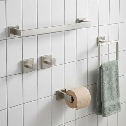 5-Piece Bathroom Hardware Set, 23.6 in Towel Bar, Brushed Nickel | SUS304 stainless steel, 55 mm square bases, concealed screw mount, towel ring, toilet paper holder, 2 robe hooks - color: Brushed Nickel