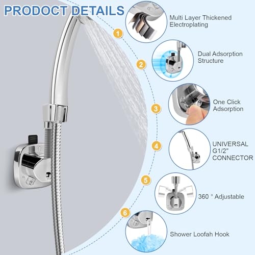 Shower Head Holder,360° Adjustable Shower Holder for Wall RV,Removable Suction Cup Handheld Shower Head Holder,Waterproof Shower Handle Holder,No Drill,Bathroom Accessories,Polished Chrome