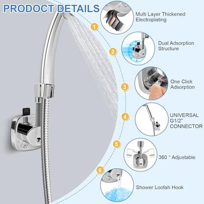 Shower Head Holder,360° Adjustable Shower Holder for Wall RV,Removable Suction Cup Handheld Shower Head Holder,Waterproof Shower Handle Holder,No Drill,Bathroom Accessories,Polished Chrome