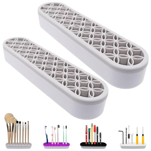 2Pcs Grey Silicone Makeup Brush Holder Stand Makeup Brush Storage Make Up Brushes Holder Organizer for Painting Pen Brushes Nail Clippers Drill Pens Ruler Sewing Craft Tools - color: Grey