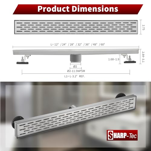 Sharp-tec Shower Drain, 32 inch Linear Shower Drain, Brushed 304 Stainless Steel Rectangular Shower Floor Drain with Adjustable Leveling Feet, Hair Strainer, cUPC Certified, ST-096-32S - color: Brushed Nickel, size: 32 inch