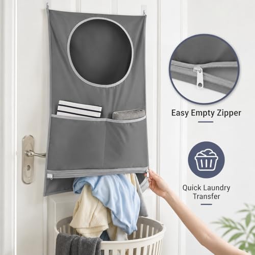 Hanging Laundry Hamper Bag with Over Door Hooks & Adhesive Hooks,Wall Mount Dirty Clothes Storage Basket with Bottom Zipper,Waterproof Oxford Fabric Door Hanging Laundry Bag for Towels Toys Blankets S
