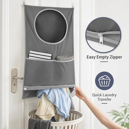 Hanging Laundry Hamper Bag with Over Door Hooks & Adhesive Hooks,Wall Mount Dirty Clothes Storage Basket with Bottom Zipper,Waterproof Oxford Fabric Door Hanging Laundry Bag for Towels Toys Blankets S